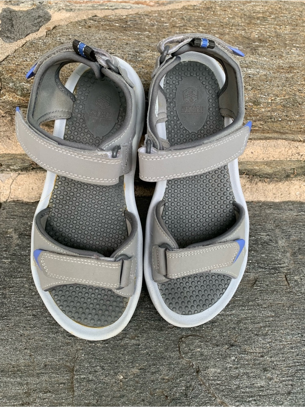 Women’s Gray Adjustable Outdoor Sandals with Blue Accents Size 7M